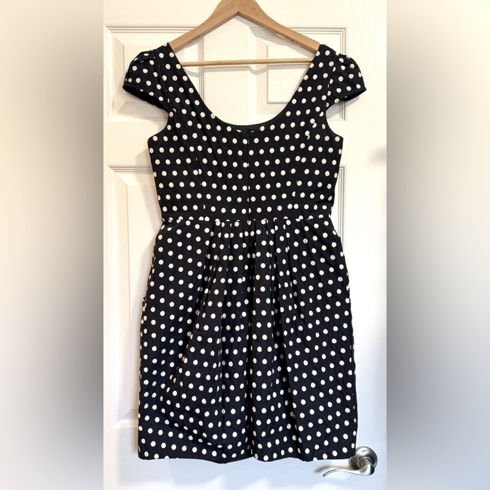 Suzi Chin for Maggy Boutique Navy & White Polka Dot Dress w/ Pockets - Picture 2 of 5